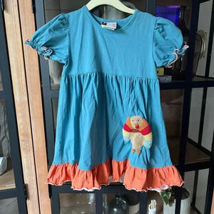 Thanksgiving Turkey smock dress toddler girl french knot ruffles embroidered